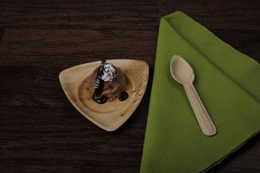 ice cream on areca leaf plate